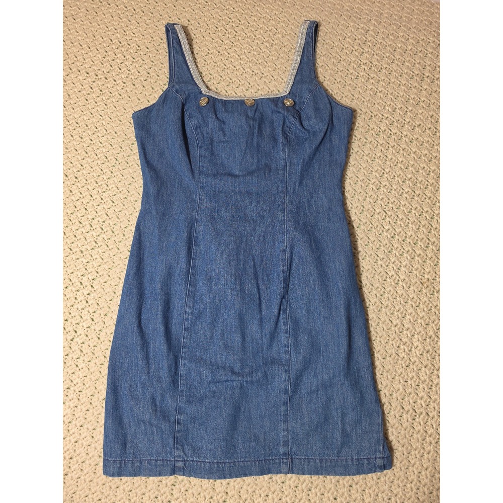 PG Collections Denim Dress Women Size 10 Blue Excellent Vintage Mini Button Trim